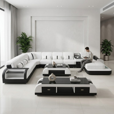 Muebles de salón sofá de esquina conjunto de sofás de cuero acolchado asiento esquina sofá USB Sonido