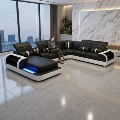 Moderno sofá esquinero blanco y negro con tapizado, esquinero, sofá en forma de U, sofás LED nuevos.
