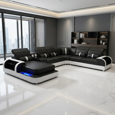 Moderno sofá esquinero blanco y negro con tapizado, esquinero, sofá en forma de U, sofás LED nuevos.