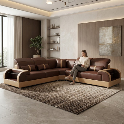 Sofá de esquina de cuero con diseño de conjunto de salón en forma de L moderno con luces LED y USB