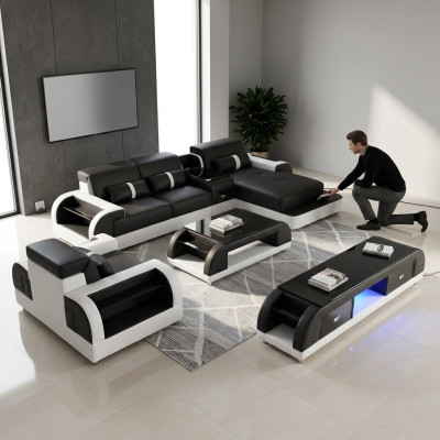 Sofá esquinero de cuero conjunto de sala de estar moderno en forma de L, mesa de centro.