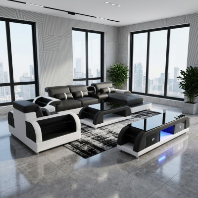 Sofá esquinero de cuero conjunto de sala de estar moderno en forma de L, mesa de centro.