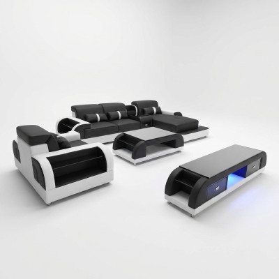 Sofá esquinero de cuero conjunto de sala de estar moderno en forma de L, mesa de centro.