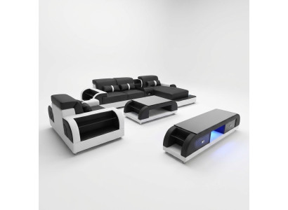 Sofá esquinero de cuero conjunto de sala de estar moderno en forma de L, mesa de centro.