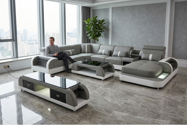 Sofá de esquina sofá sillón conjunto de sala de estar conjunto de tapicería USB iluminado