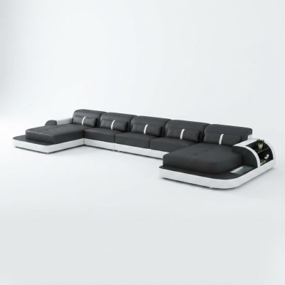 Sofá de esquina de cuero con USB, gran forma en U, conjunto de sofá para salón nuevo.