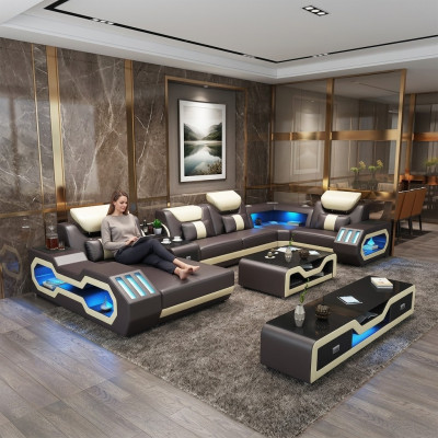 Sofá en forma de L, mesa de centro, sofá de cuero, conjunto de dos piezas de sofá diseñado, con USB LED.