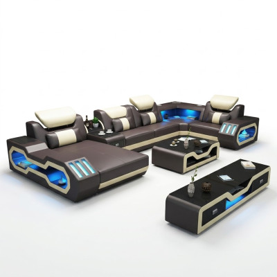 Sofá en forma de L, mesa de centro, sofá de cuero, conjunto de dos piezas de sofá diseñado, con USB LED.