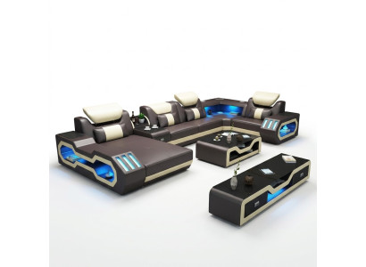 Sofá en forma de L, mesa de centro, sofá de cuero, conjunto de dos piezas de sofá diseñado, con USB LED.