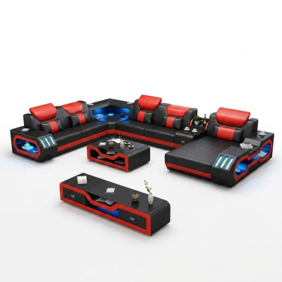Conjunto de salón sofá tapizado 3 piezas. Mesa de centro aparador de cuero