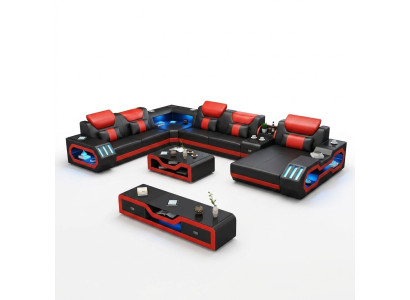 Conjunto de salón sofá tapizado 3 piezas. Mesa de centro aparador de cuero