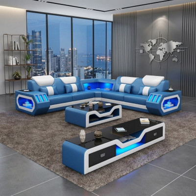 Sofá de esquina en forma de L Mesa de centro Sofá Diseño Acolchado Cuero Moderno Azul Mesa nuevo