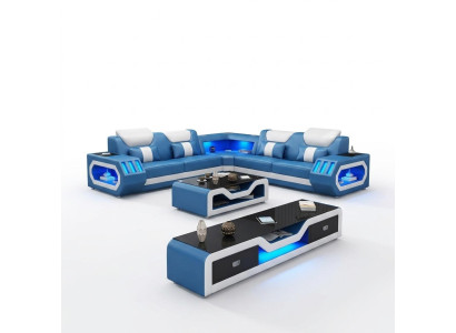 Sofá de esquina en forma de L Mesa de centro Sofá Diseño Acolchado Cuero Moderno Azul Mesa nuevo