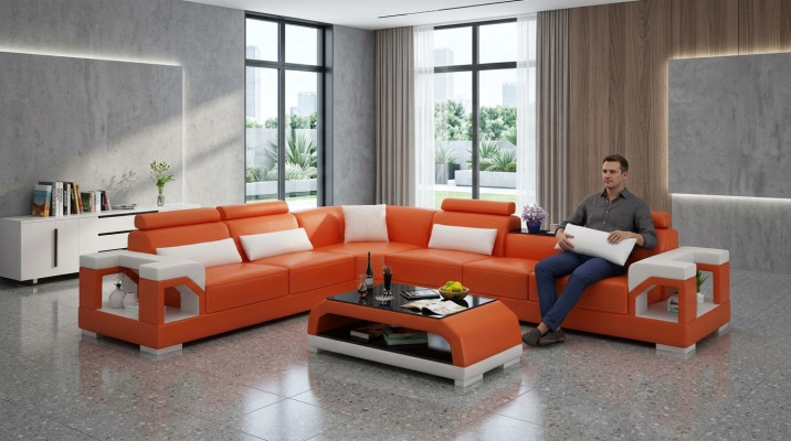 Sofá de esquina tapizado de cuero moderno con cojines, conector de esquina, sofás, sofá, esquinero + USB.