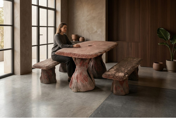 Muebles de jardín mesa con 2 bancos set de jardín en piedra madera