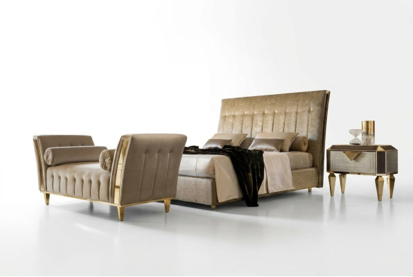 Cama 2x Mesita de noche Chaiselounge Juego de dormitorio de 4 piezas Muebles Moderno Lujo Camas
