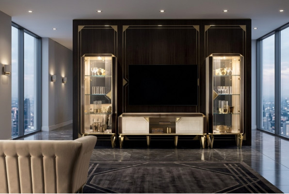 Conjunto de pared con vitrinas, vitrina, cómoda, muebles de sala de estar, conjunto de mobiliario.