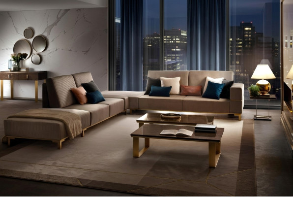 Muebles de lujo, sofá esquinero en forma de L, diseño de sofá tapizado en tela de madera.