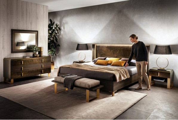 Dormitorio Conjunto Cama 2x Mesita de Noche Cómoda Camas Dobles Hotel Tapizado 6 piezas.
