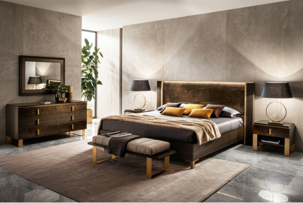Dormitorio Conjunto Cama 2x Mesita de Noche Cómoda Camas Dobles Hotel Tapizado 6 piezas.