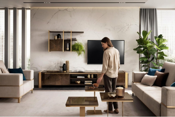Mueble de pared de salón, mesa de televisión, aparador, vitrina, estantería de salón, arredoclassic