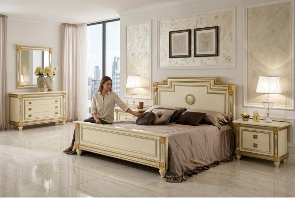 Cama 2x mesita de noche Diseño Dormitorio Clásico Conjunto de lujo de 3 piezas Muebles