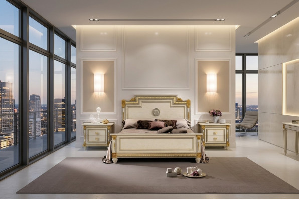 Cama + 2 mesitas de noche Juego de dormitorio de 3 piezas Diseñador de dormitorio de lujo Barroco