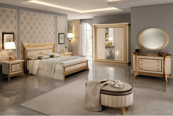 Diseño de conjunto de dormitorio cama 2x mesita de noche cómoda taburete arredoclassic de 7 piezas.