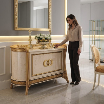 Diseño de muebles estilo barroco, cómoda, armario beige de lujo en madera, muebles italianos nuevos.