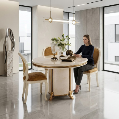 Mesa de comedor redonda, mesa de diseño de diseñador, mesa de madera para comedor o sala de estar.