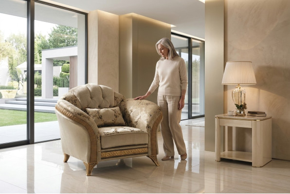 Sillón de lujo para sala de estar, hotel, tapizado clásico de un solo asiento beige arredoclassic.