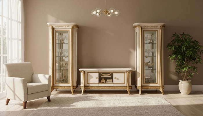 Conjunto de salón: aparador, 2 vitrinas, muebles de pared de sala de estar diseño arredoclassic de 3 piezas.