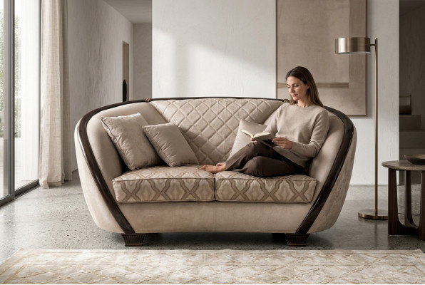 Sofá de tela para sala de estar de 2 plazas, sofá de diseño, beige, textil, tapizado.