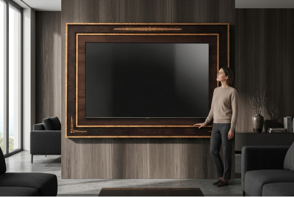 Panel de pared de TV revestido de madera barroco de lujo para mueble de televisor de sala de estar.