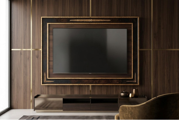 Panel de pared de TV revestido de madera barroco de lujo para mueble de televisor de sala de estar.