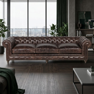 Sofá Chesterfield marrón de tela y cuero para tapizar. Juego de sofás XXL grandes.