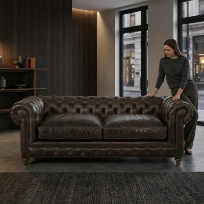 Sofá de diseñador Chesterfield de 3 plazas marrón para la sala de estar.
