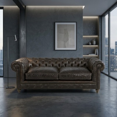 Sofá de diseñador Chesterfield de 3 plazas marrón para la sala de estar.