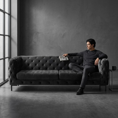 Diseñador sofá Chesterfield de tres plazas negro 3 plazas moderno.