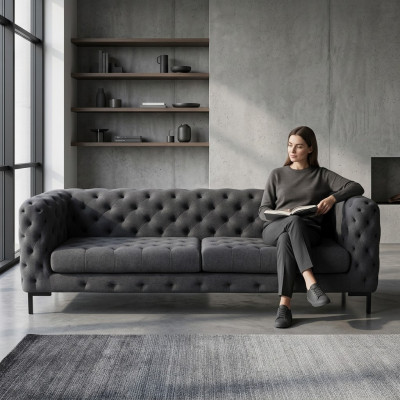 Sofá Chesterfield de lujo de 3 plazas en gris para salón.