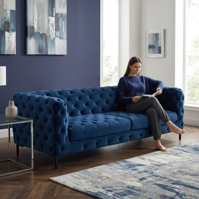 Elegante sofá azul Chesterfield de 3 plazas de lujo para la sala de estar