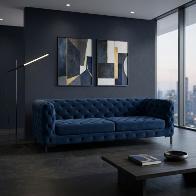 Elegante sofá azul Chesterfield de 3 plazas de lujo para la sala de estar