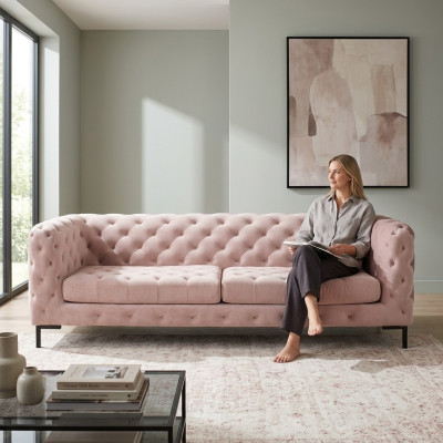 Sofá Chesterfield de tela y cuero, conjunto de sofás y sillones acolchados de 3 plazas.