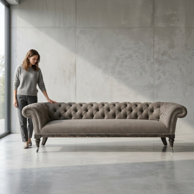 Sofá Chesterfield de tela y cuero, conjunto de 4 plazas.