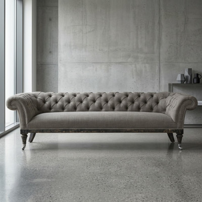 Sofá Chesterfield de tela y cuero, conjunto de 4 plazas.