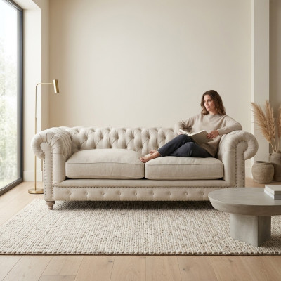 Sofá de lujo Chesterfield de 3 plazas en blanco.