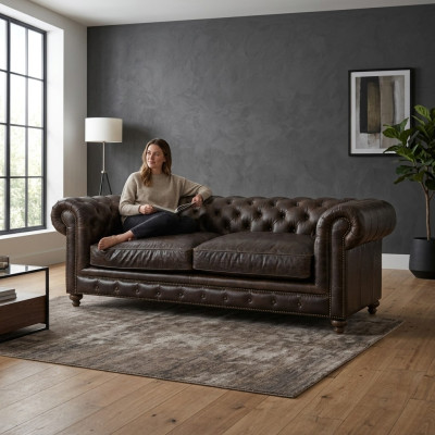 Moderno sofá chesterfield negro de tres plazas de lujo para sala de estar.