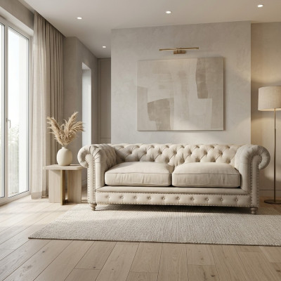 Sofá Chesterfield blanco de lujo de tres plazas. Sofá de sala de estar moderno de tres plazas.