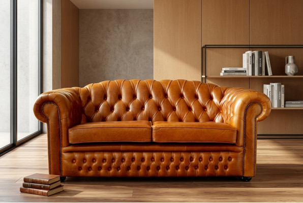 Sofá Chesterfield de tela de cuero tapizado Sofá marrón de 3 plazas