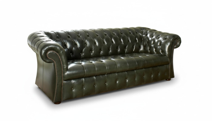 Chesterfield de color verde de 3 plazas, sofá de lujo de diseñador.